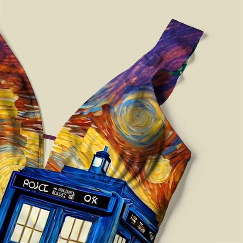 Tardis Time Travel Van Gogh Oil Painting V-Neck One Piece Swimsuit
