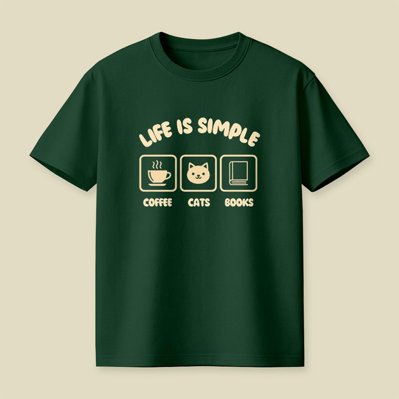 Life Is Simple Coffee Cats Books Playful T-Shirt
