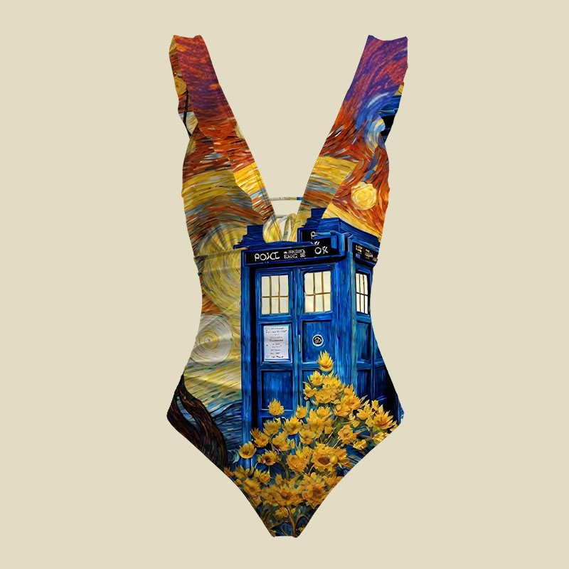 Tardis Time Travel Van Gogh Oil Painting V-Neck One Piece Swimsuit