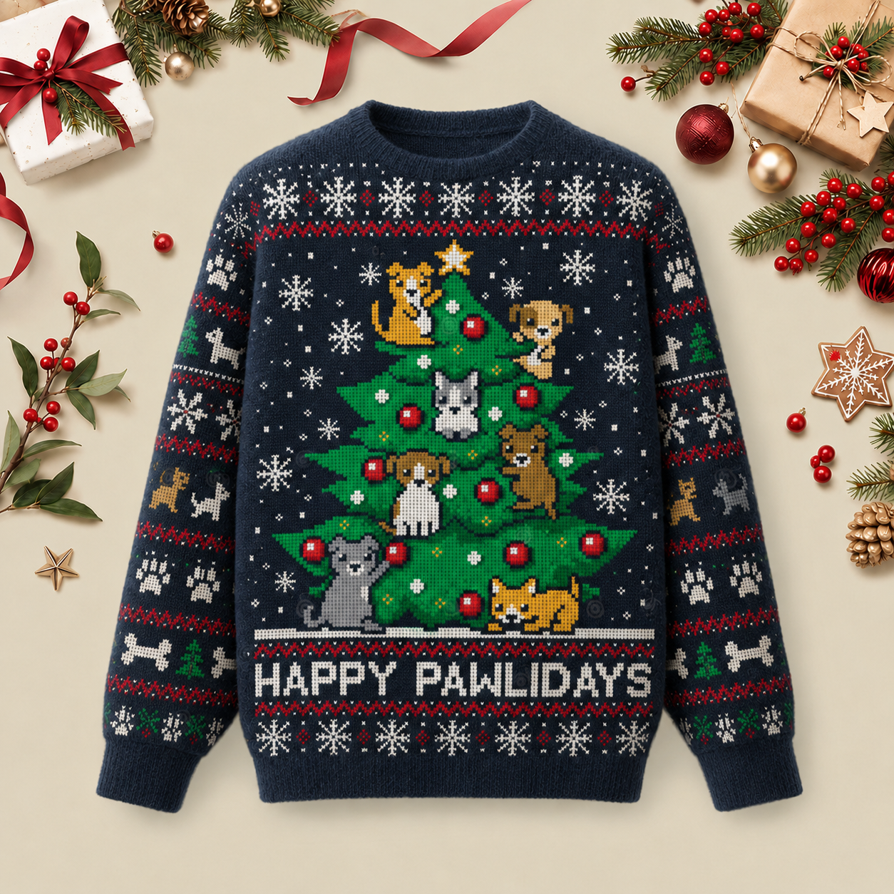 Happy pawlidays Ugly Christmas Fluffy Sweatershirt