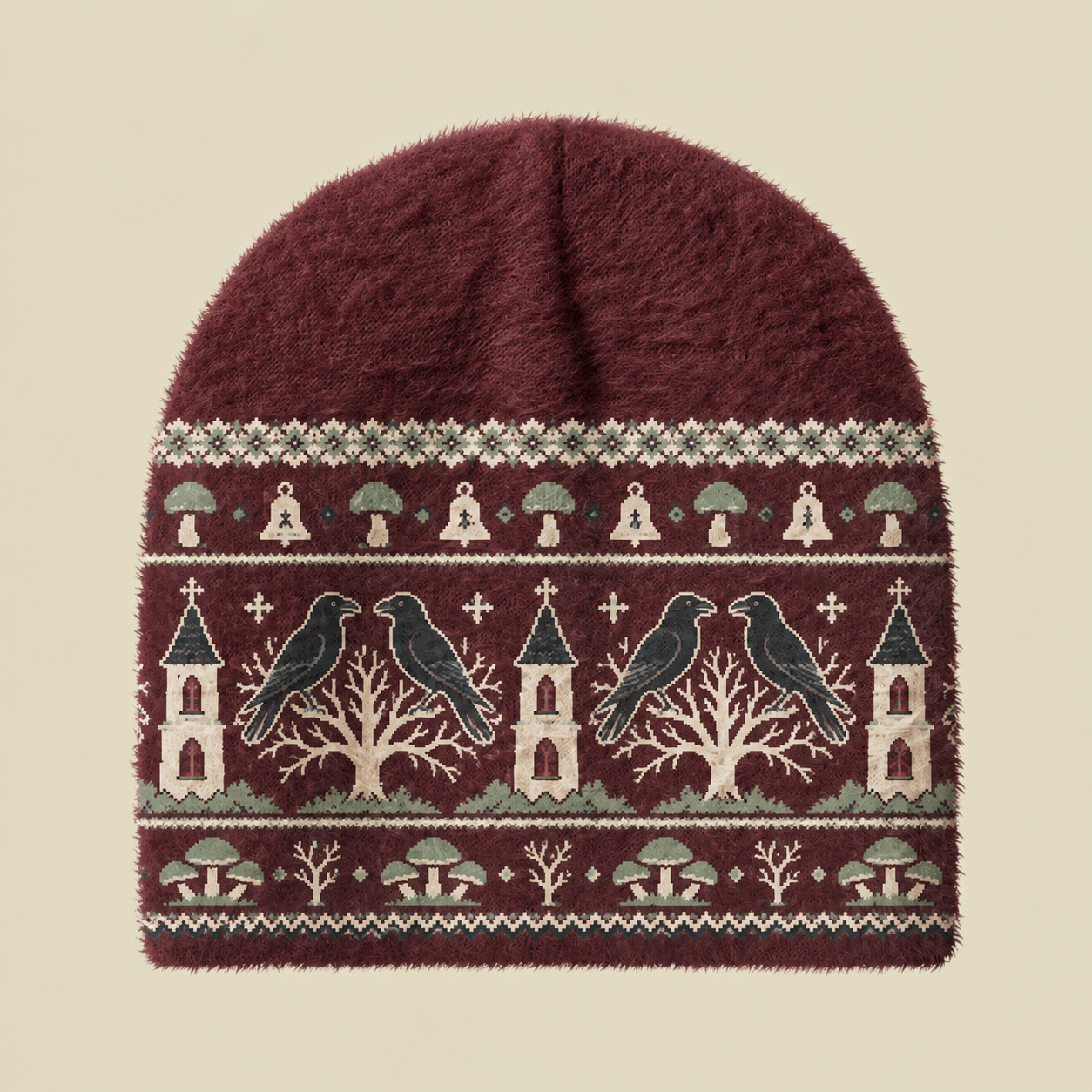 Gothic Crow Church Forest Fuzzy Beanie