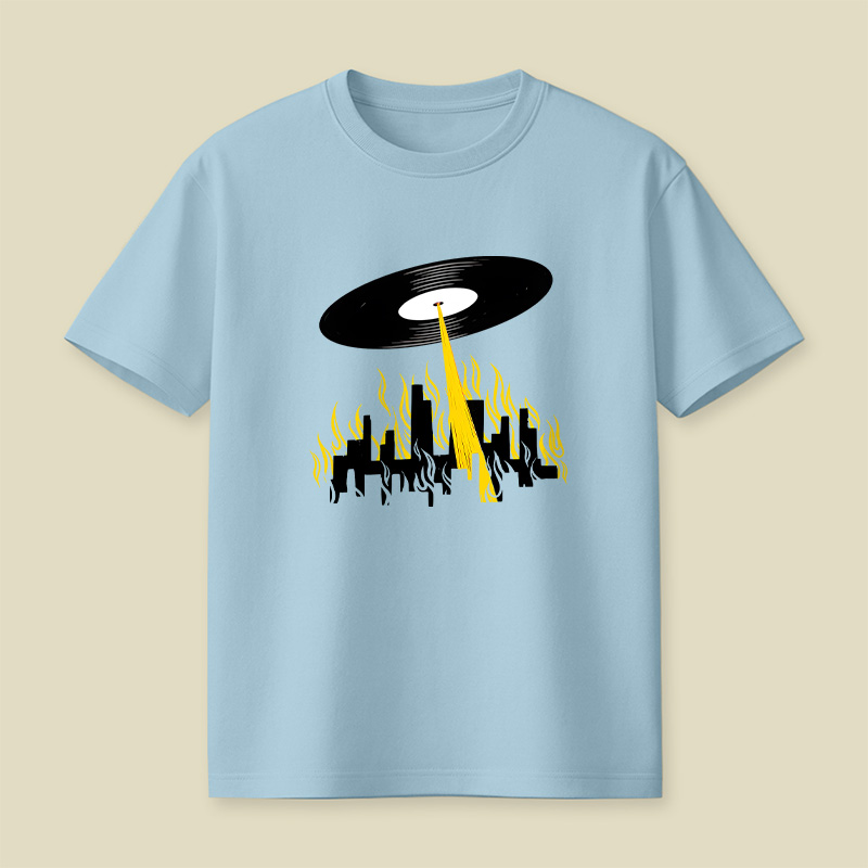 Vinyl Record UFO Invasion Burning City Playful T-Shirt