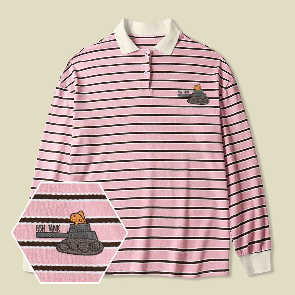 Fish Tank Lycra Striped Embroidered Long-Sleeve Polo