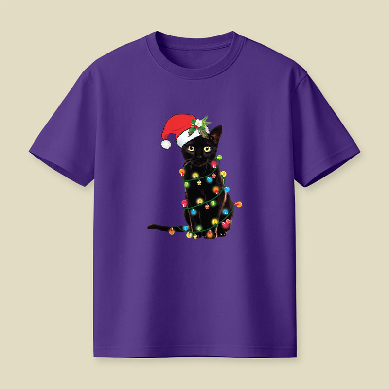 Santa Black Cat Tangled Up In Christmas Tree Lights Playful T-Shirt