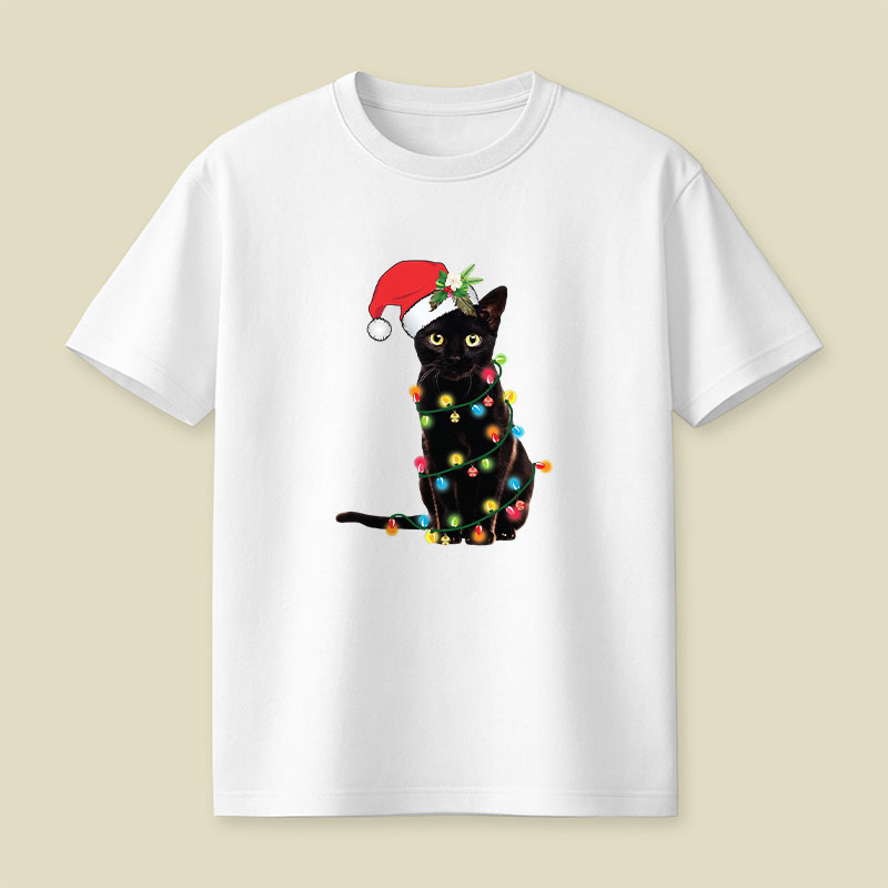 Santa Black Cat Tangled Up In Christmas Tree Lights Playful T-Shirt