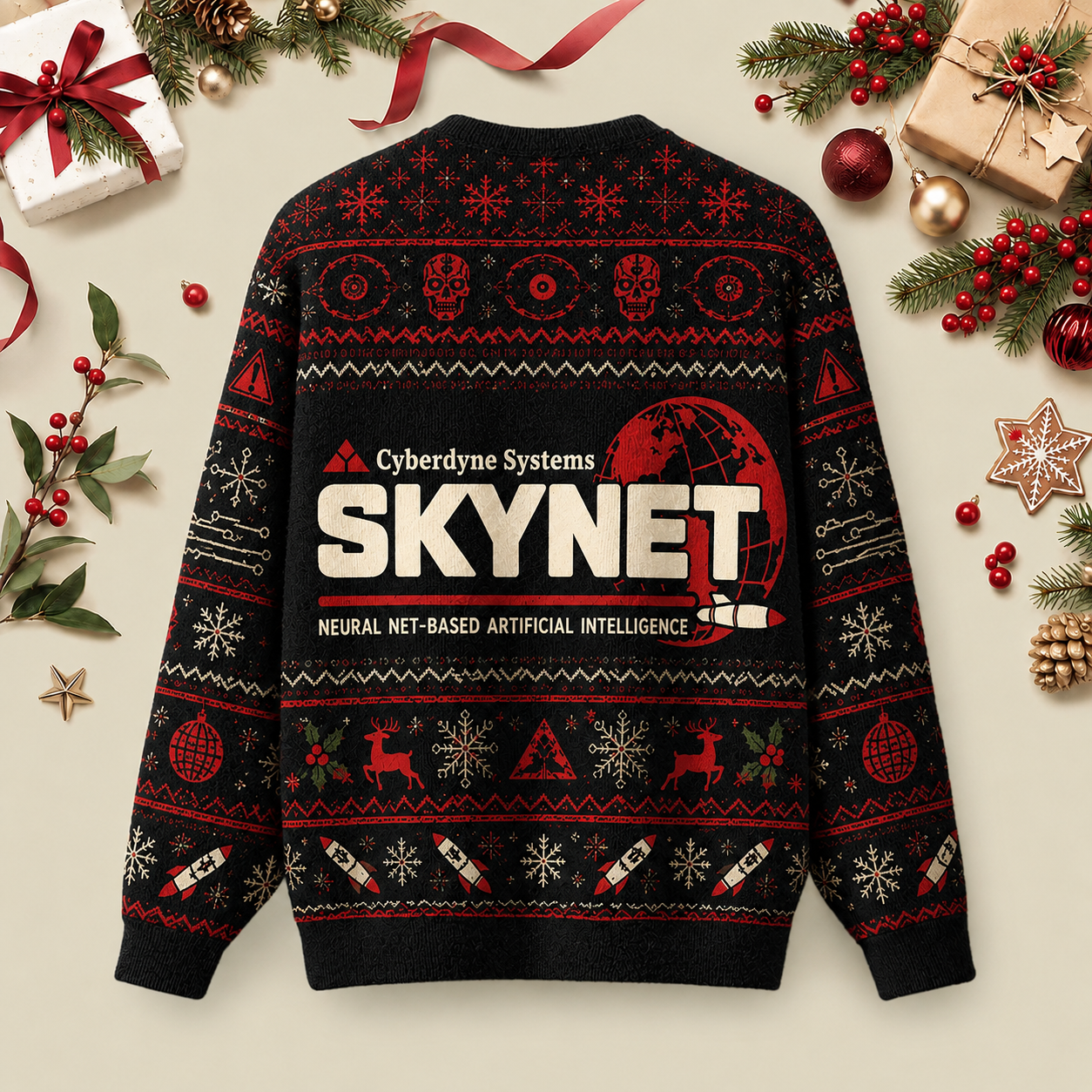 Skynet Cyberdyne Systems Ugly Christmas Fluffy Sweatershirt