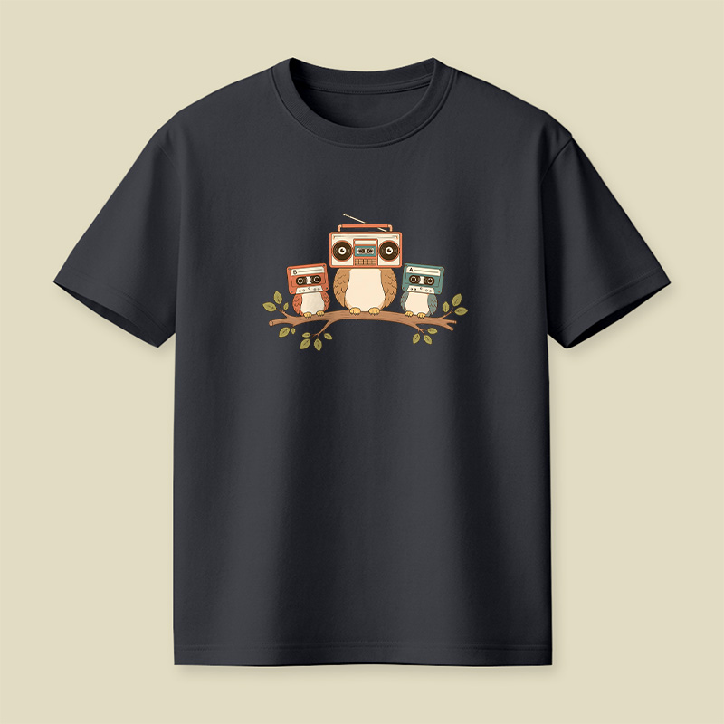 Owls With Boombox And Cassettes Playful T-Shirt