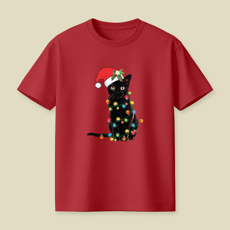 Santa Black Cat Tangled Up In Christmas Tree Lights Playful T-Shirt