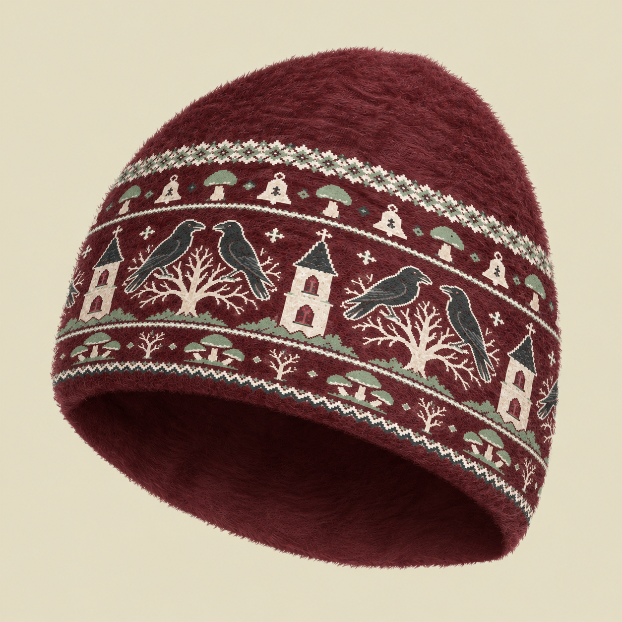 Gothic Crow Church Forest Fuzzy Beanie