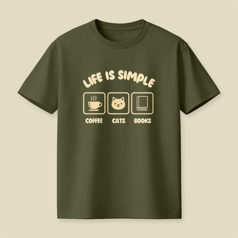 Life Is Simple Coffee Cats Books Playful T-Shirt