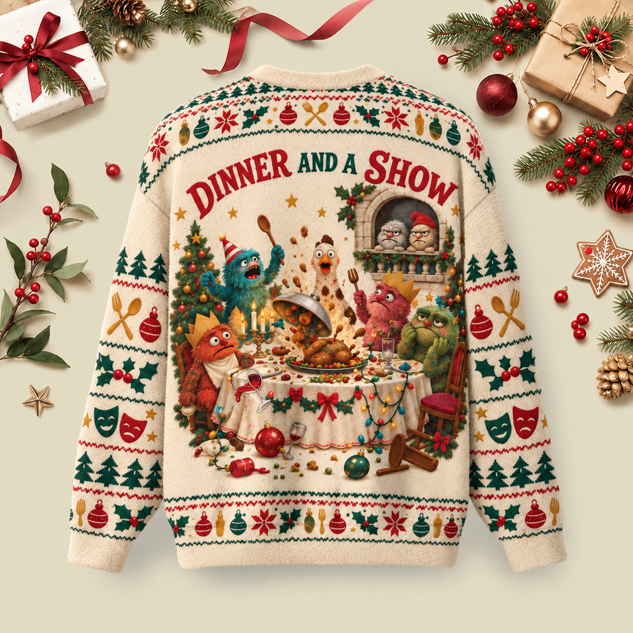 Dinner And A Show Ugly Christmas Fluffy Sweatershirt