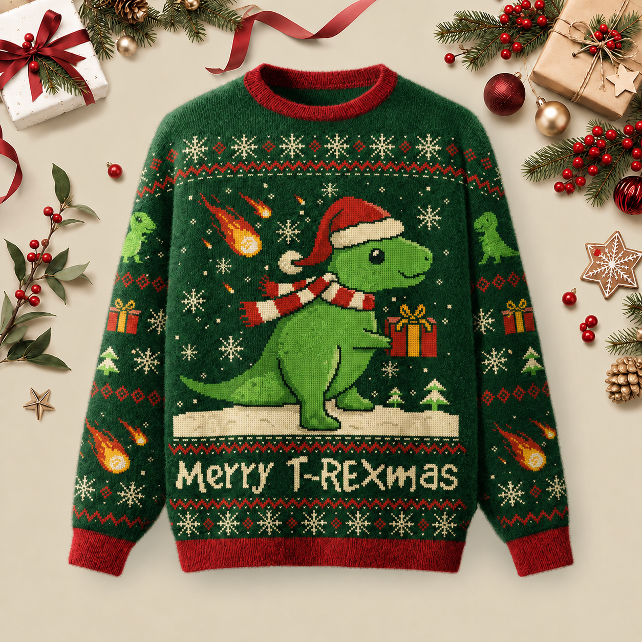 Merry T-rex Mas Ugly Christmas Fluffy Sweatershirt