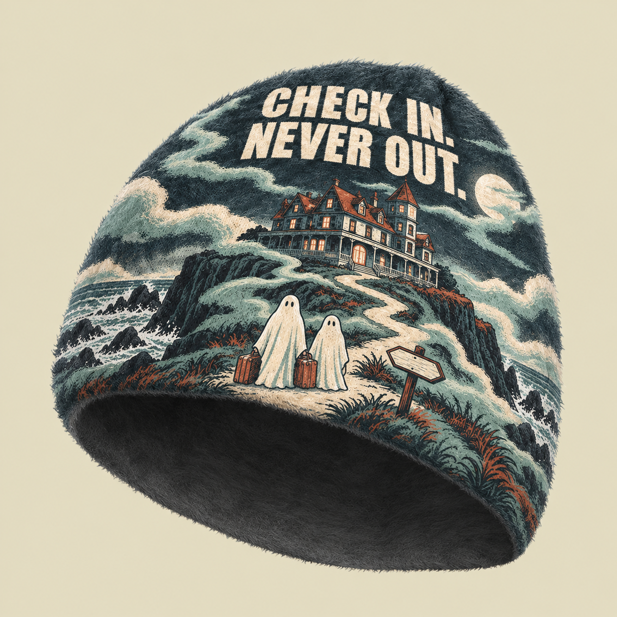 Ghost Haunted Cliff Mansion Fuzzy Beanie