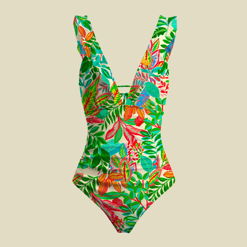 Tropical Blocks V-Neck One Piece Swimsuit