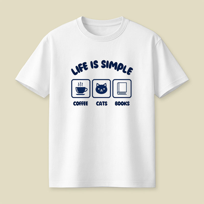 Life Is Simple Coffee Cats Books Playful T-Shirt