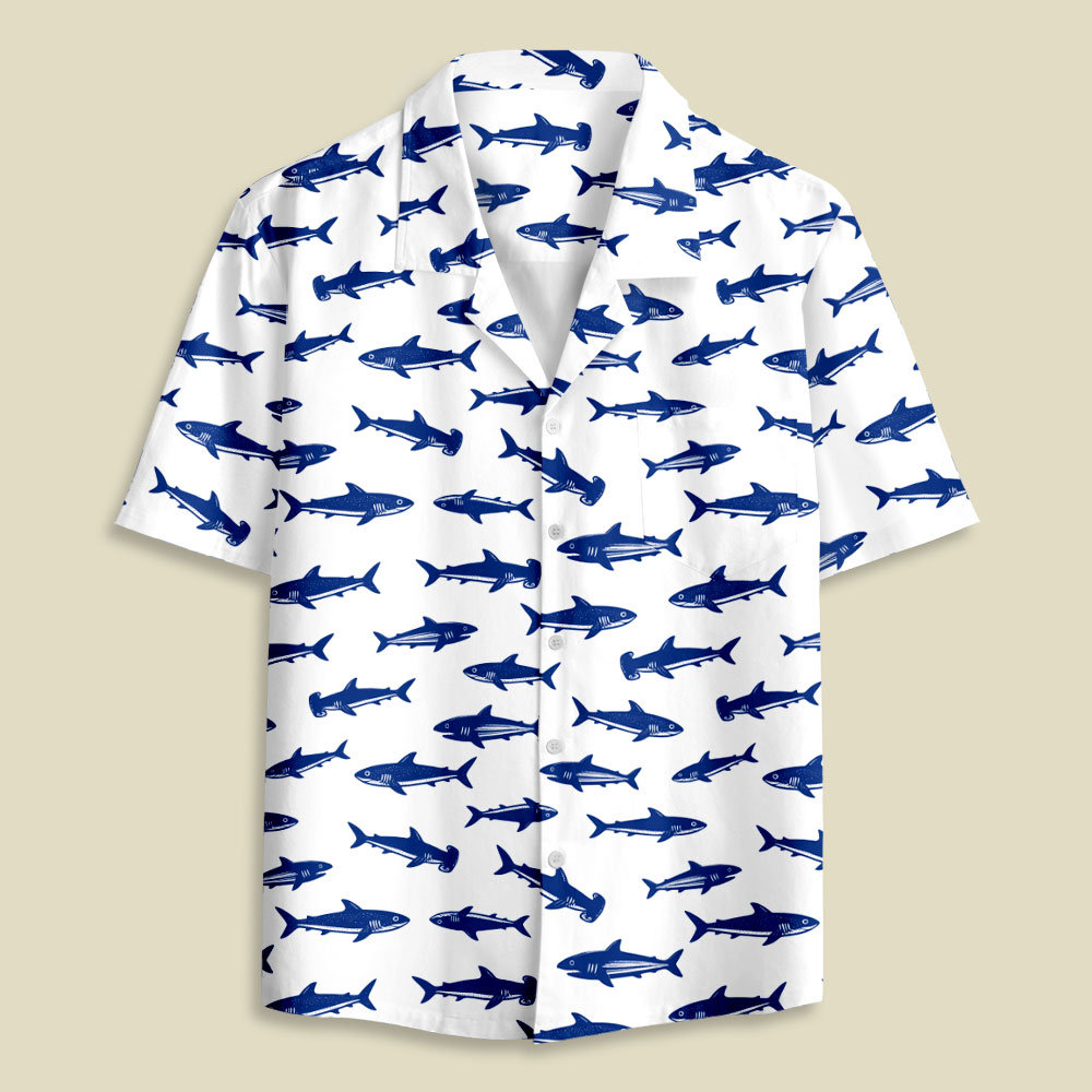 Nautical Blue Shark Stripe Strap Button Up Pocket Shirt