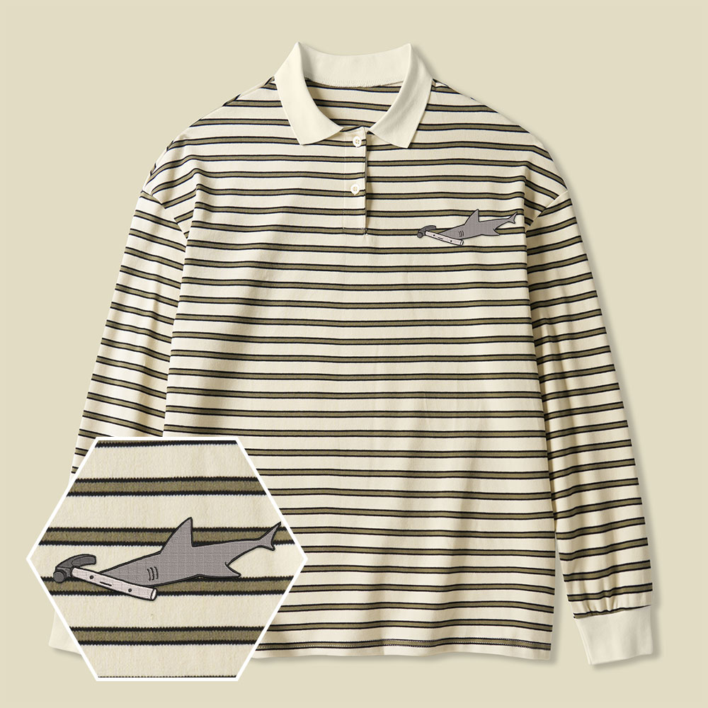 Hammerhead Shark Lycra Striped Embroidered Long-Sleeve Polo