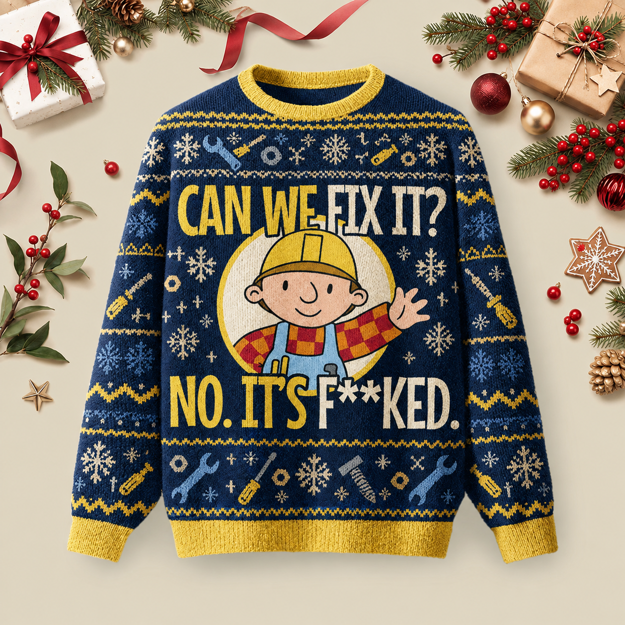 Can We Fix It Funny Repair Man Ugly Christmas Fluffy Sweatershirt