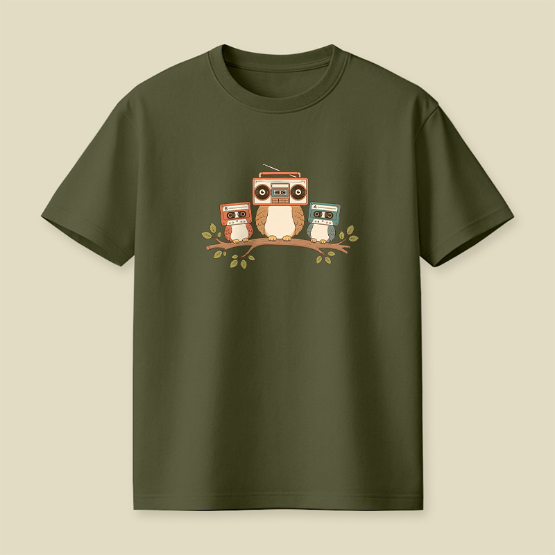 Owls With Boombox And Cassettes Playful T-Shirt