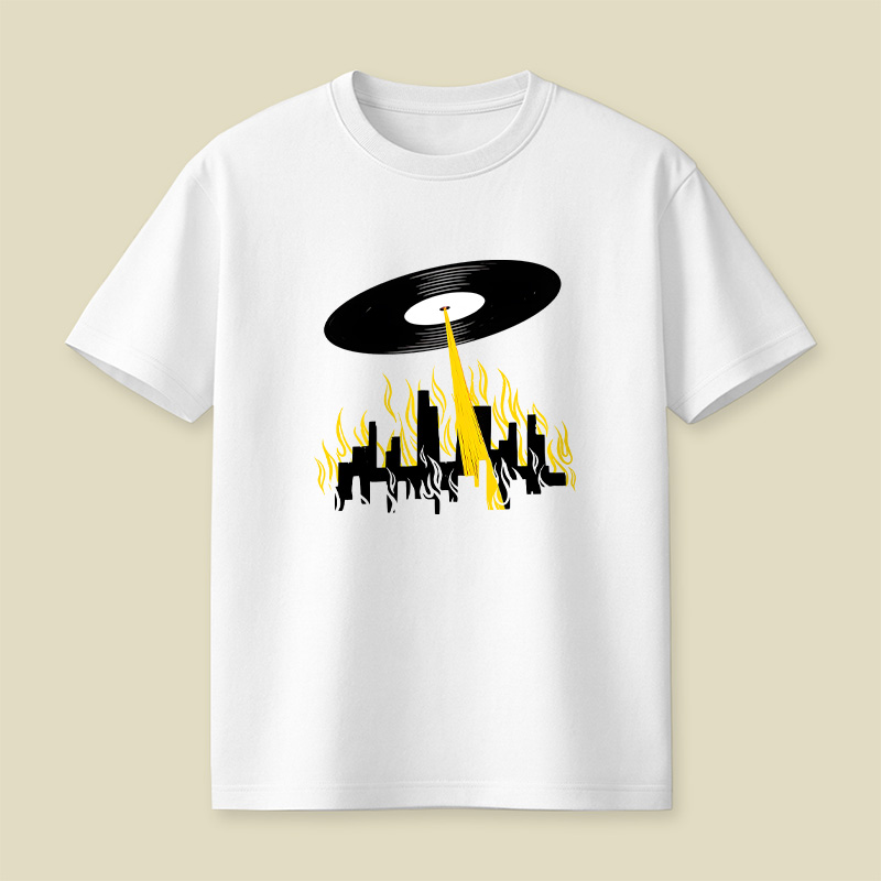 Vinyl Record UFO Invasion Burning City Playful T-Shirt