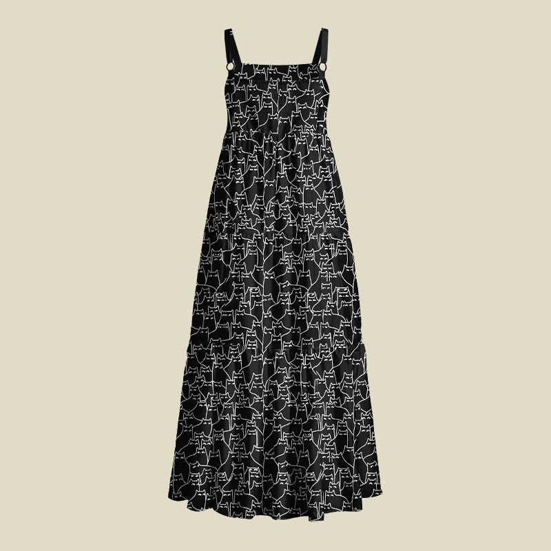 Minimal Line Art Cat Silhouette Playful Maxi Dress