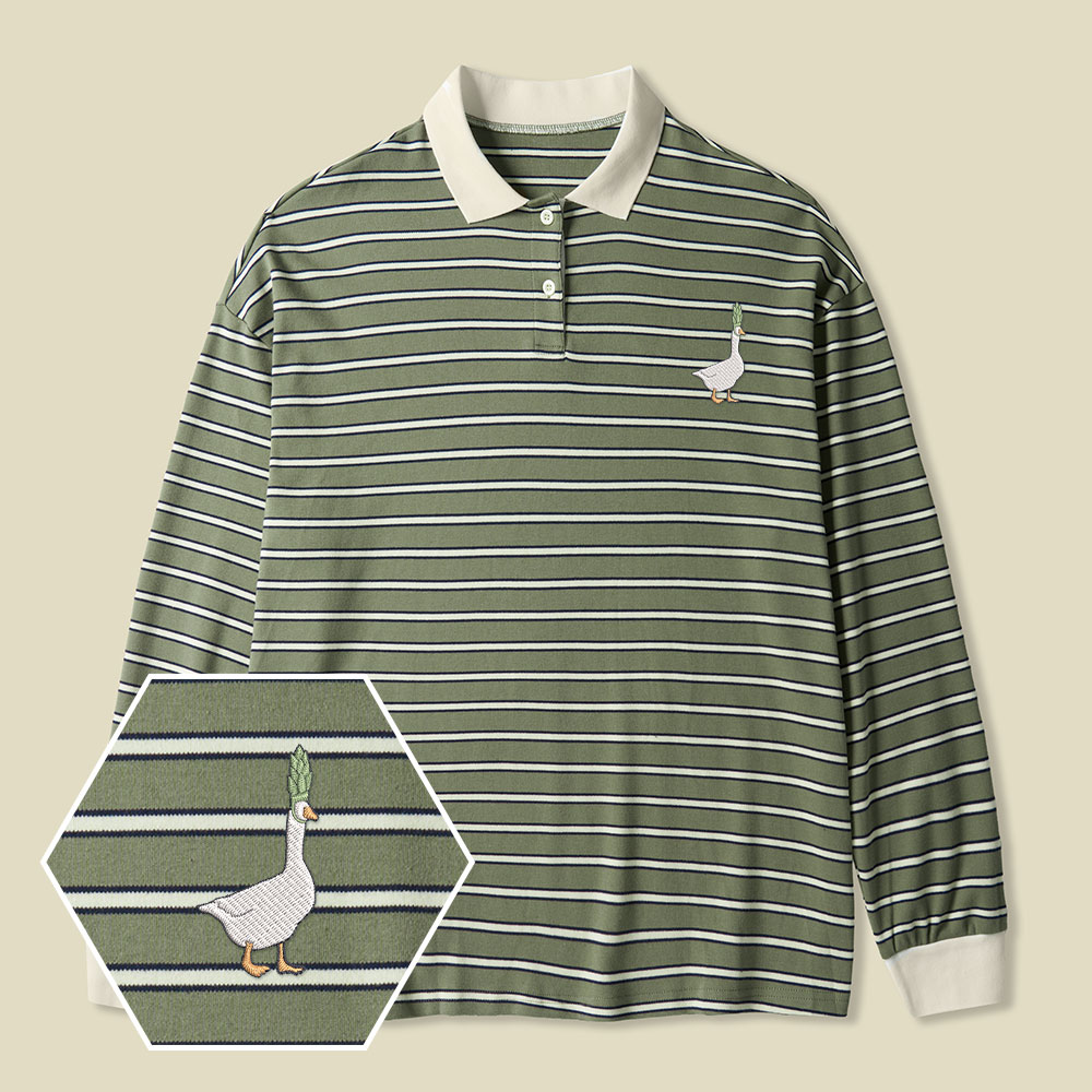 Asparagoose Lycra Striped Embroidered Long-Sleeve Polo