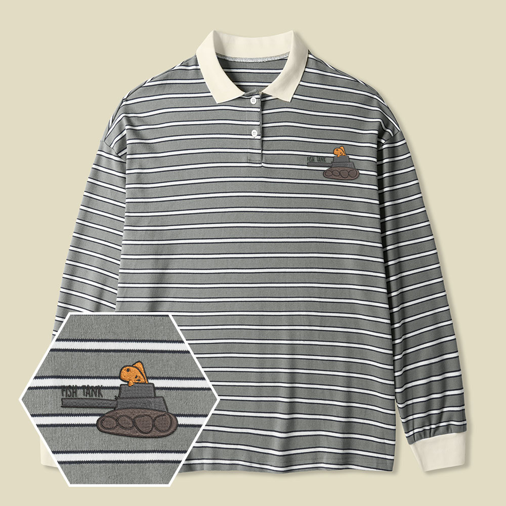 Fish Tank Lycra Striped Embroidered Long-Sleeve Polo