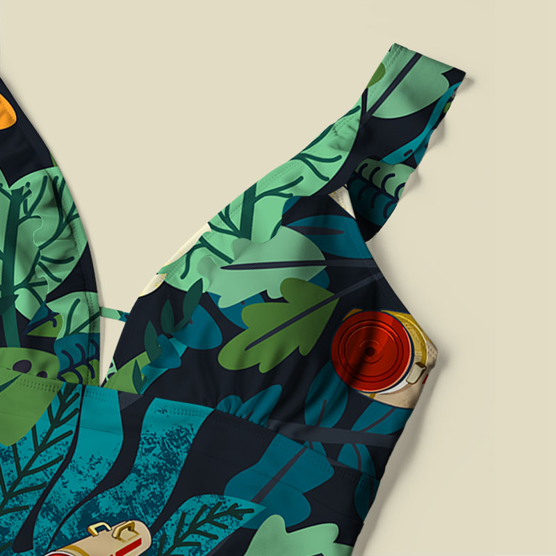 Scifi Spacecraft Hawaii Green V-Neck One Piece Swimsuit