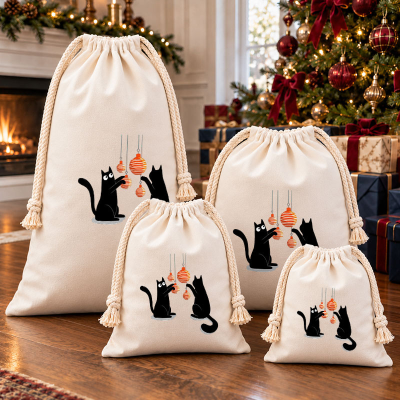 Dual Black Cats Xmas Bauble Playtime Christmas Drawstring Gift Bag