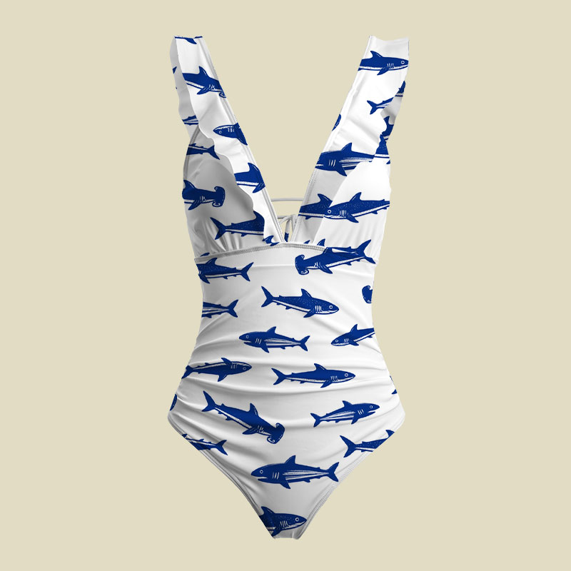 Nautical Blue Shark V-Neck One Piece Swimsuit
