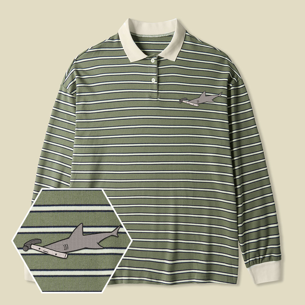 Hammerhead Shark Lycra Striped Embroidered Long-Sleeve Polo