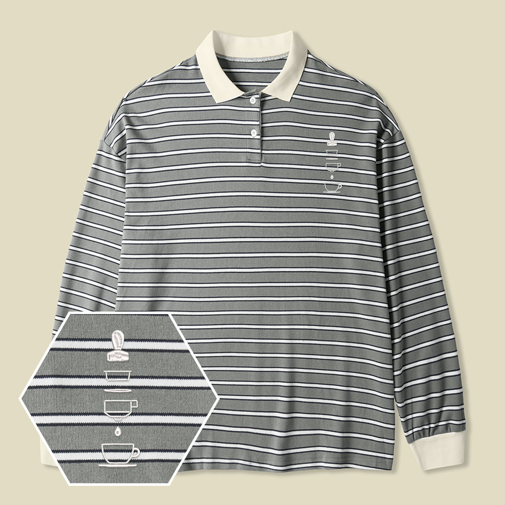 Perfect Espresso Lycra Striped Embroidered Long-Sleeve Polo