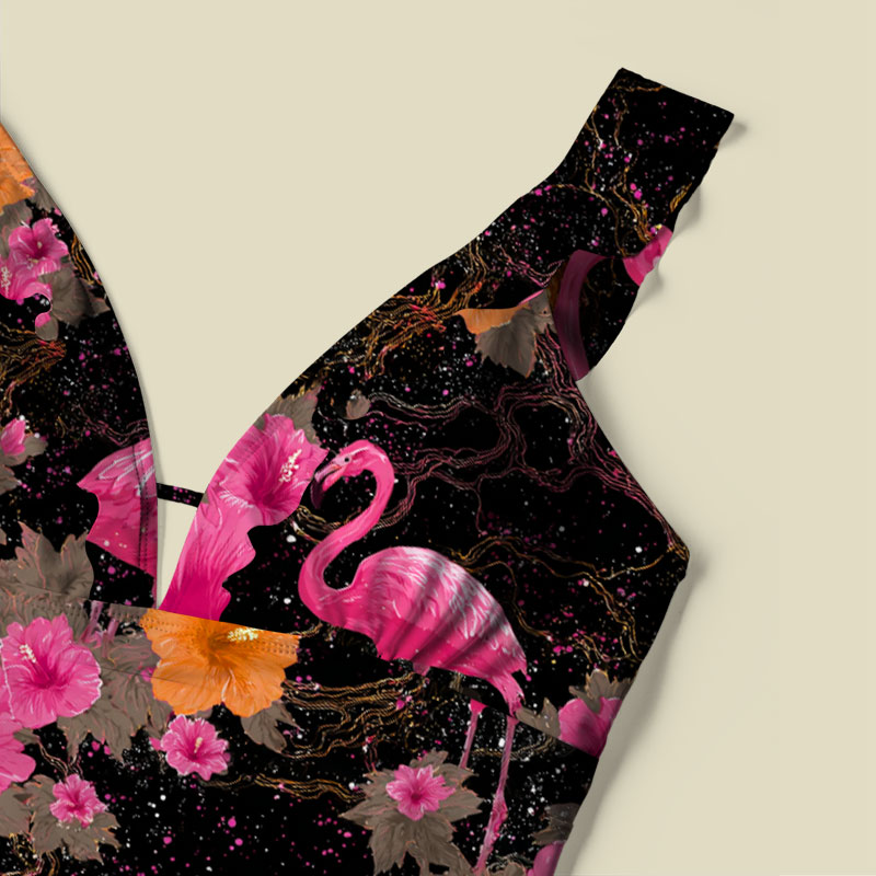Cosmic Flamingo V-Neck One Piece Swimsuit