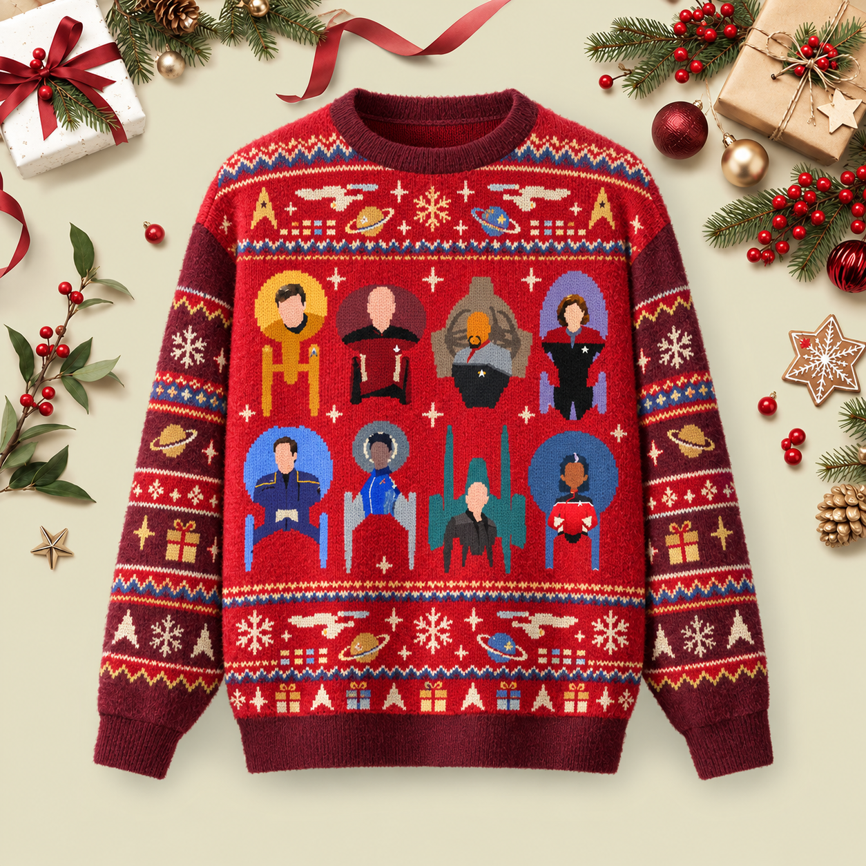 Trek Ships Captains Ugly Christmas Fluffy Sweatershirt