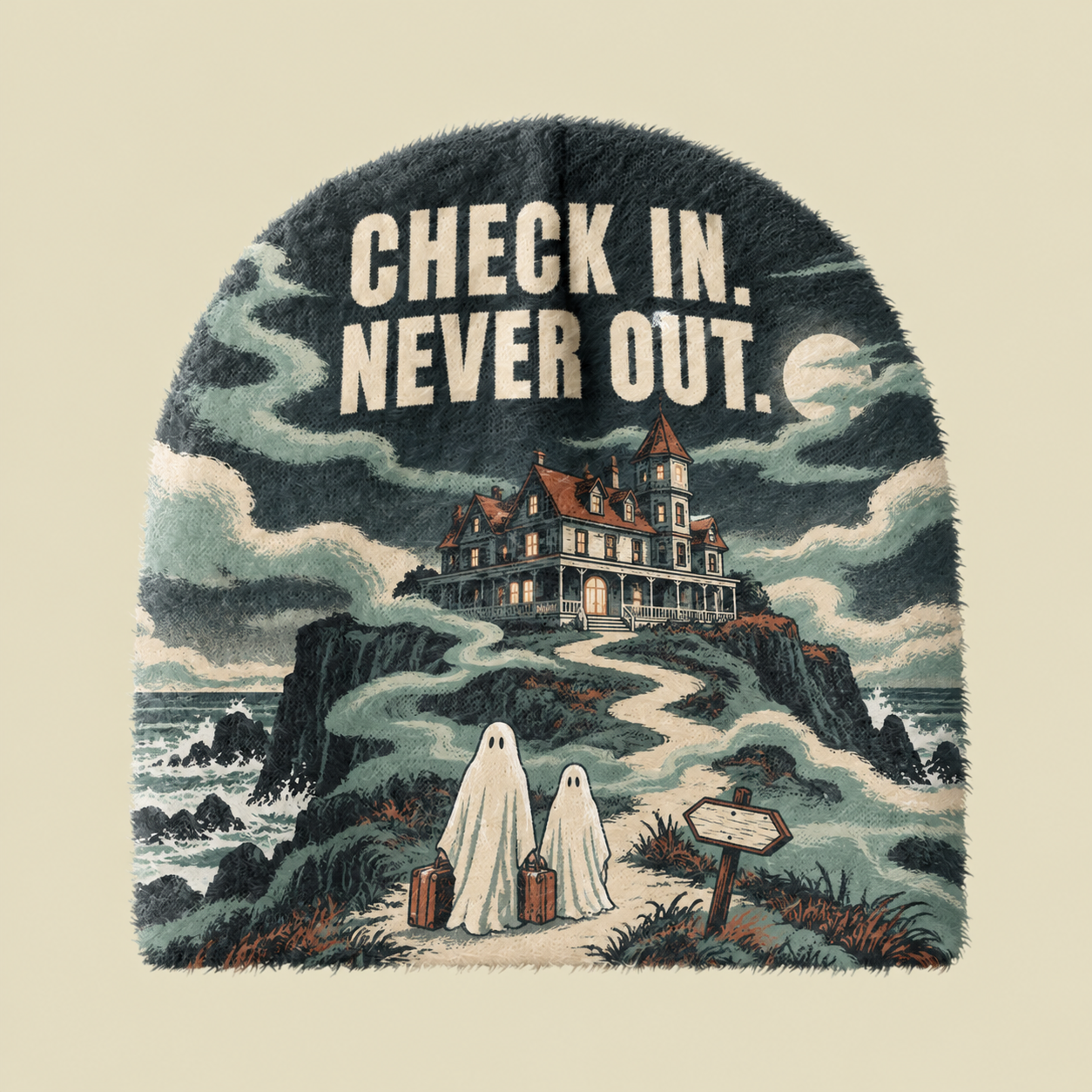 Ghost Haunted Cliff Mansion Fuzzy Beanie