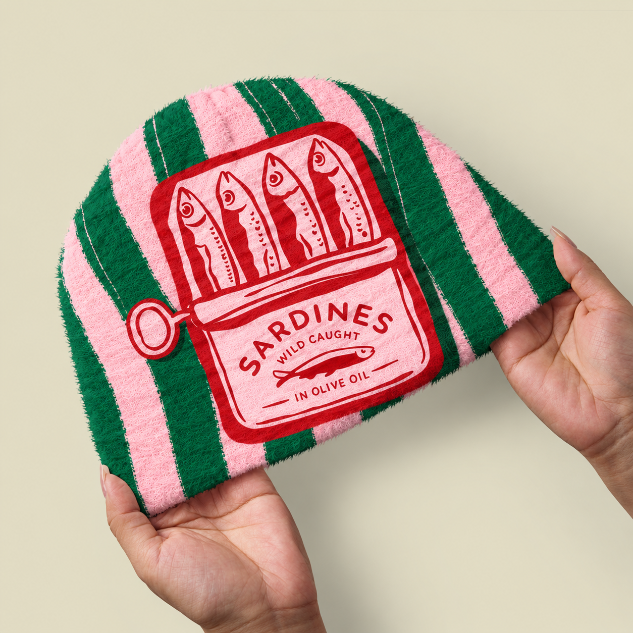 Sardines Colourful Maximalist Vintage Food Design Fuzzy Beanie