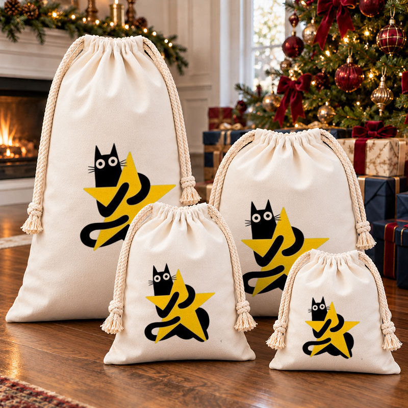 Black Cat Hugging Star Christmas Drawstring Gift Bag