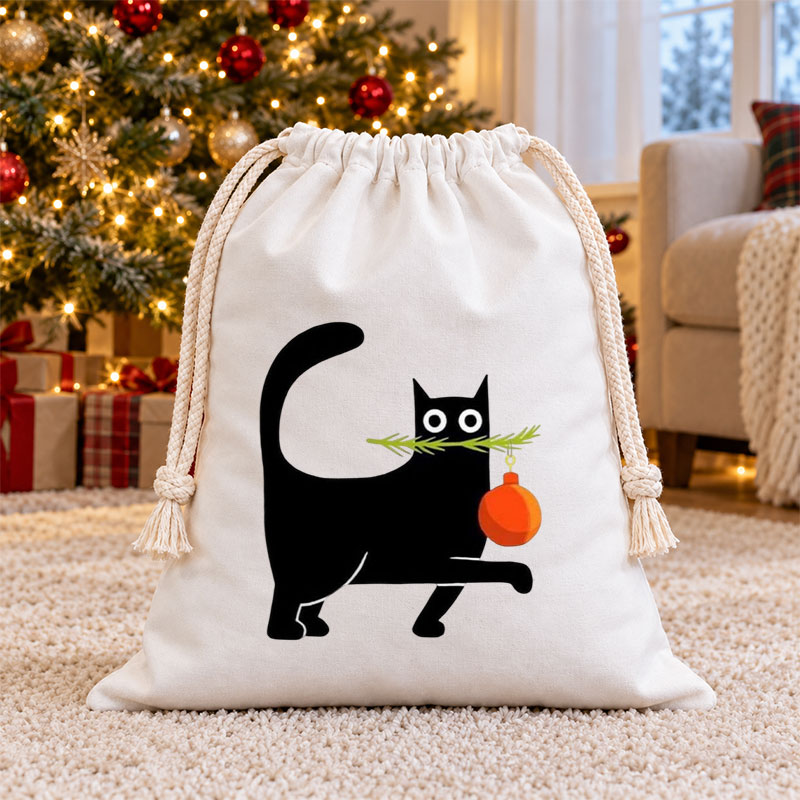 Black Cat Carrying Christmas Ornament Christmas Drawstring Gift Bag