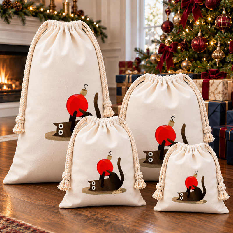 Black Cat Playing With Xmas Bauble Christmas Drawstring Gift Bag