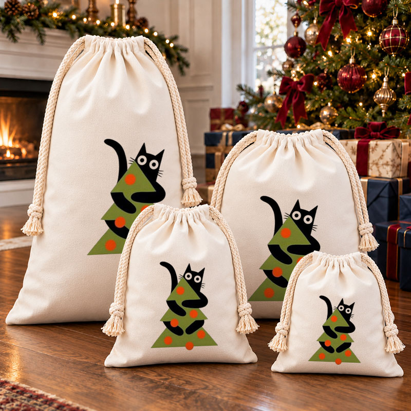 Funny Cat Climbing Christmas Tree Christmas Drawstring Gift Bag