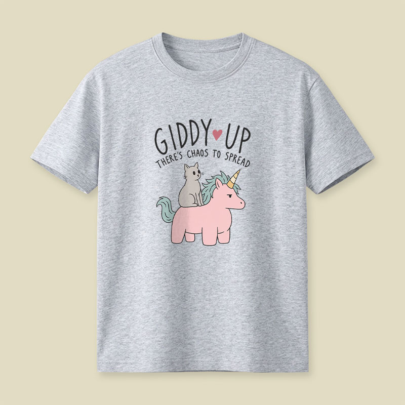 Cute Cat Riding Unicorn - Giddy Up Playful T-Shirt