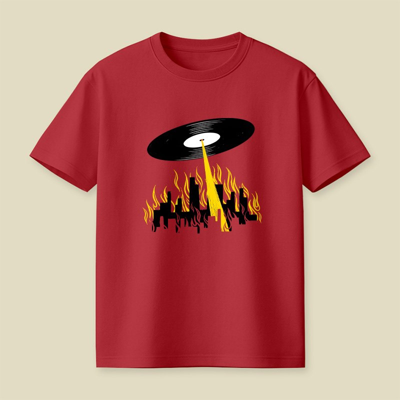 Vinyl Record UFO Invasion Burning City Playful T-Shirt