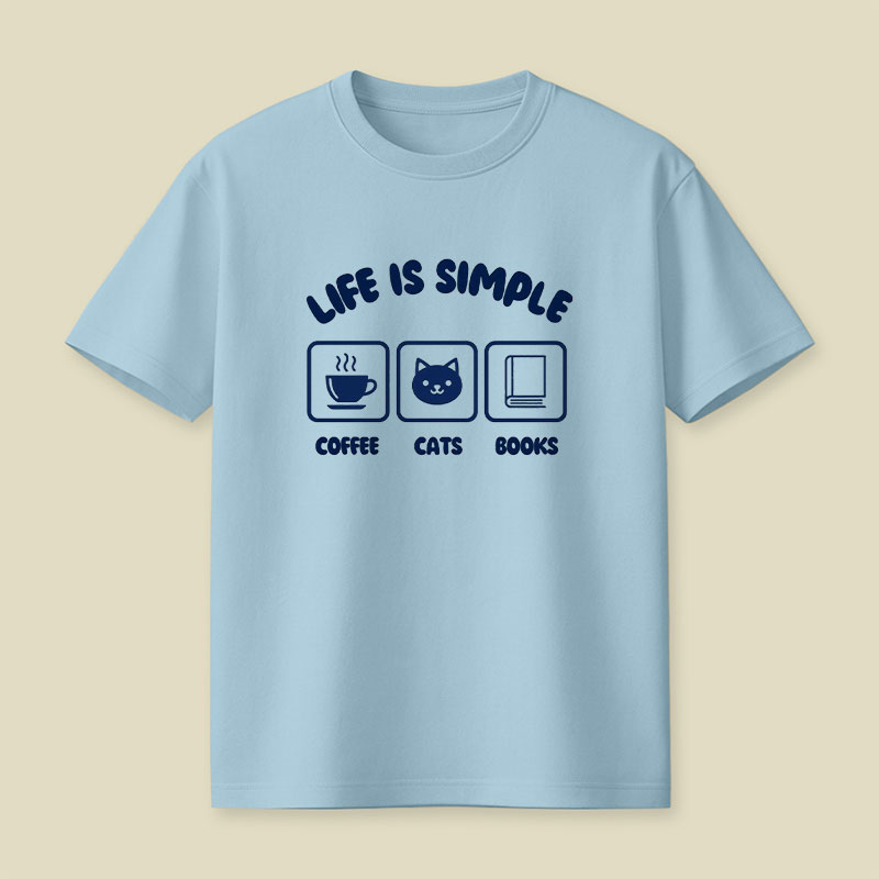 Life Is Simple Coffee Cats Books Playful T-Shirt