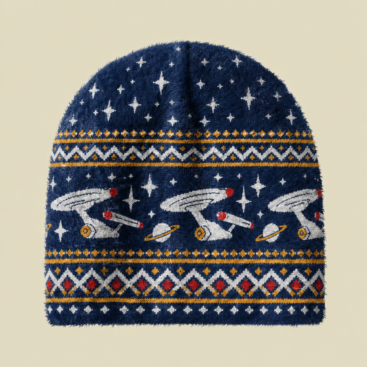 Spaceship Fair Isle Fuzzy Beanie