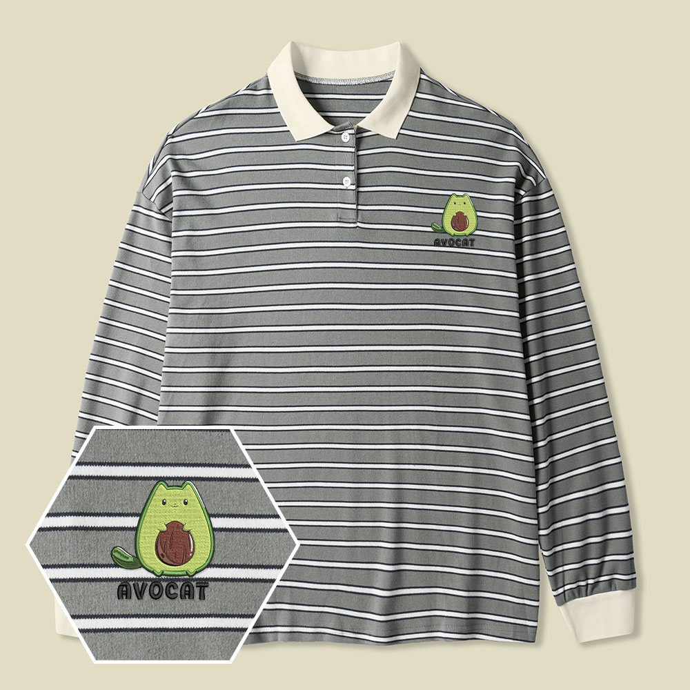 Cute Avocat Lycra Striped Embroidered Long-Sleeve Polo