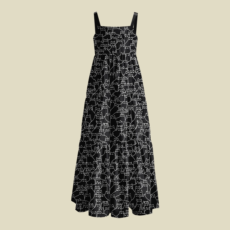 Minimal Line Art Cat Silhouette Playful Maxi Dress