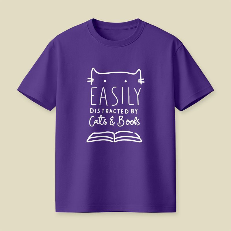 Funny Easily Distracted By Cats And Books Playful T-Shirt