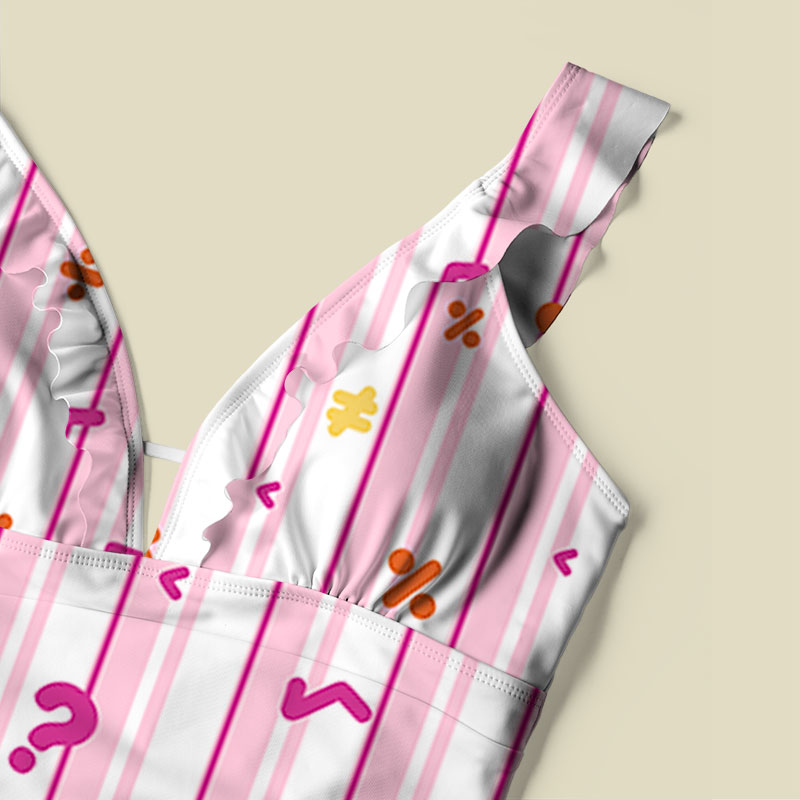Retro Math Symbol Pink Stripe V-Neck One Piece Swimsuit