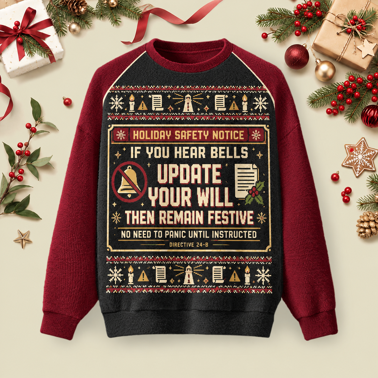 Holiday Safety Notice Update Your Will Ugly Christmas Fluffy Sweatershirt
