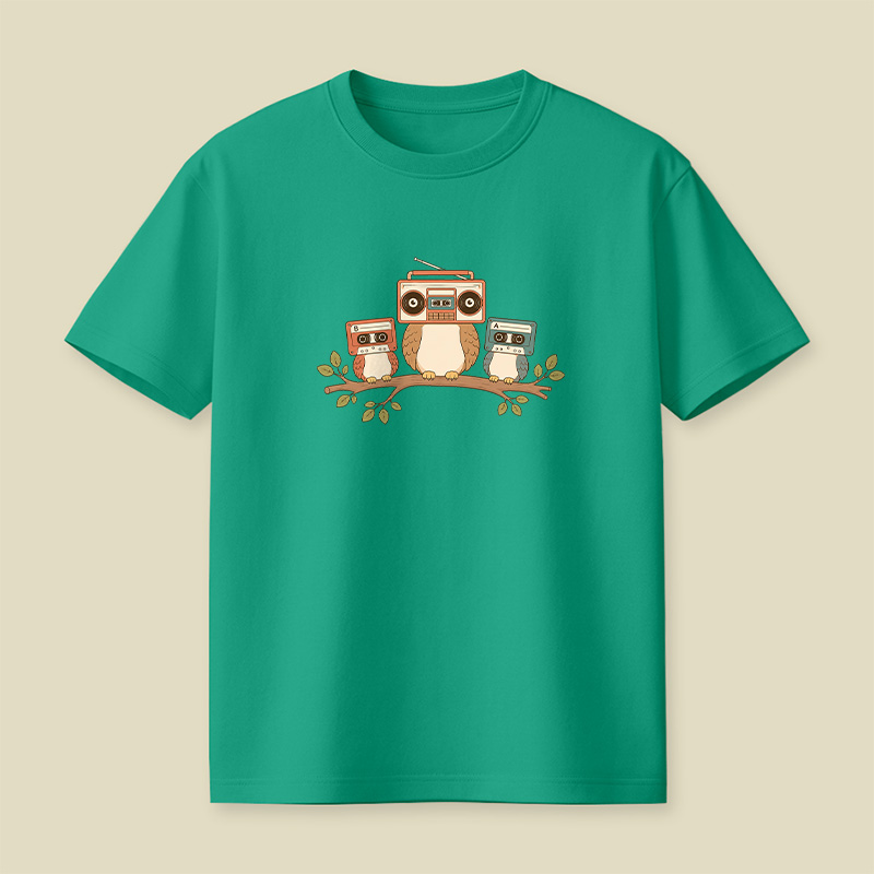 Owls With Boombox And Cassettes Playful T-Shirt